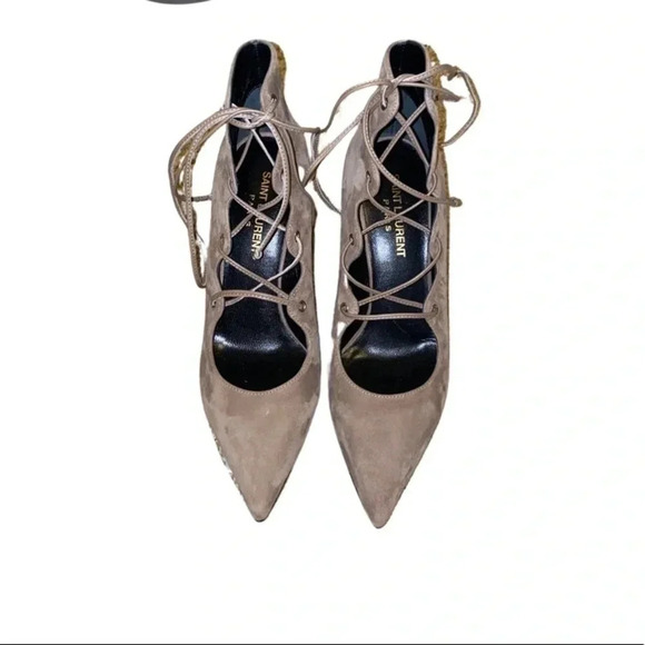 Saint Laurent Paris Tie Strap Gray Suede Heels Size 36.5 - Picture 1 of 6
